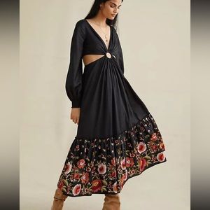 Anthropologie Karolina Cut-Out Maxi w/ embroidered flower detail smocked sleeves